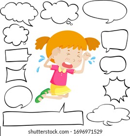 Different shapes of speech bubbles and crying girl illustration