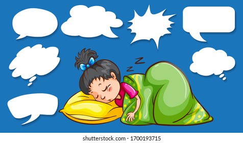 Different shapes of speech bubbles with girl sleeping illustration