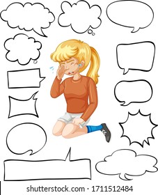 Different shapes of speech bubbles and girl crying on white background illustration