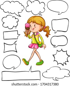 Diferentes formas de burbujas de habla con niñas felices comiendo ilustraciones de helado