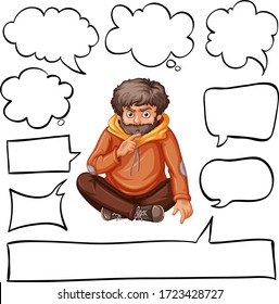 Different shapes of speech bubbles with man thinking illustration