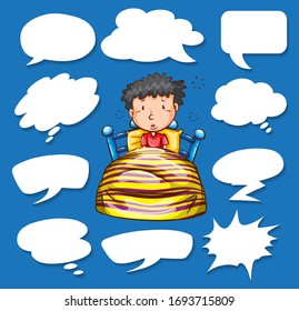 Different shapes of speech bubbles and sleepy boy in bed illustration