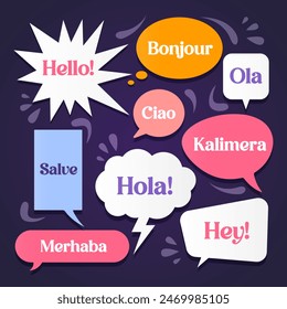 Different shapes of speech bubbles stickers with greetings words in different languages.