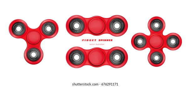 Different shapes spinners set. Hand fidget spinner toy for improvement of attention span. Stress-relieving toy. Three-bladed, two-bladed, four-bladed spinner made of red plastic. Vector illustration