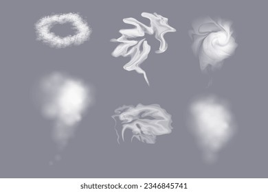 Different shapes of steam or vapor vector illustrations set. Collection of cartoon drawings of white or transparent hot vapour, fog or mist effect on grey background. Weather, smoking, effects concept