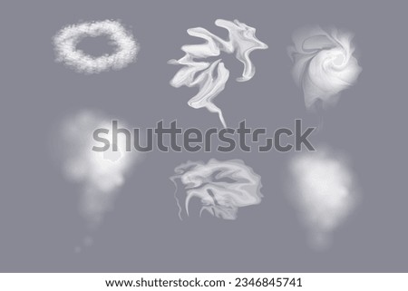 Different shapes of steam or vapor vector illustrations set. Collection of cartoon drawings of white or transparent hot vapour, fog or mist effect on grey background. Weather, smoking, effects concept