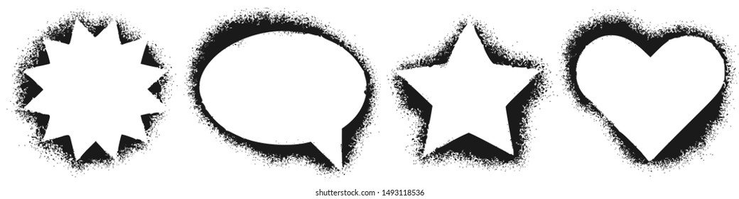 Different shapes stencil frames. Spray graffiti heart, star and spraying texture dialogue cloud stencils template. Street art splash, stencil brush stamp. Isolated vector icons set