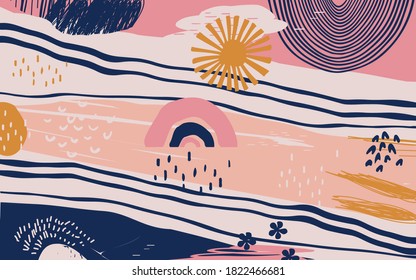 Collage artístico de ilustraciones vectoriales de diferentes formas y texturas. Diseño gráfico colorido y abstracto, fondo creativo para banner, folleto, tarjeta, invitación, volante, cartel, afiche, informe