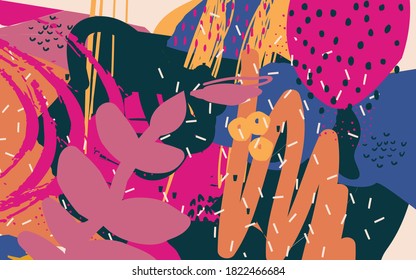 Different shapes and textures artistic vector illustration collage. Colorful abstract graphic design artwork, creative background for banner, brochure, card, invitation, flyer, placard, poster, report