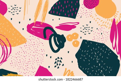 Different shapes and textures artistic vector illustration collage. Colorful abstract graphic design artwork, creative background for banner, brochure, card, invitation, flyer, placard, poster, report