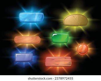 Different shapes and textures buttons for game ui design. Glowing colorful wooden, stone, ice board elements. Cartoon vector illustration on dark background.