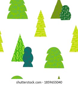 Different shapes of trees and bushes seamless pattern. Hand drawn forest  or garden on white background. Abstract woodland pattern. Textile design, wrapping paper.