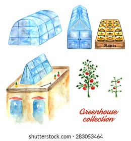 Different shapes and types greenhouses collection made in watercolor technique, roof greenhouse, plants compare