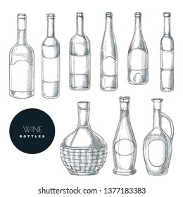 Different shapes of wine bottles. Vector sketch isolated illustration. Wine list or bar menu hand drawn design elements set.