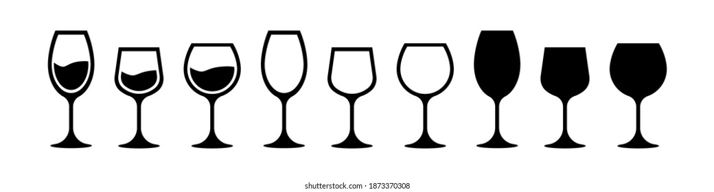 Different shapes of wine glasses. Wine glasses icon set. Glasses collection. Alcocol symbol. Drinking alcohol concept. Vector graphic. EPS 10