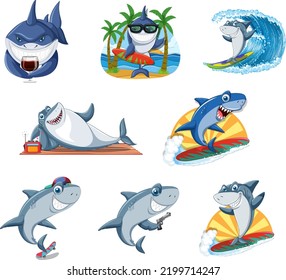 Different sharks in summer beach illustration