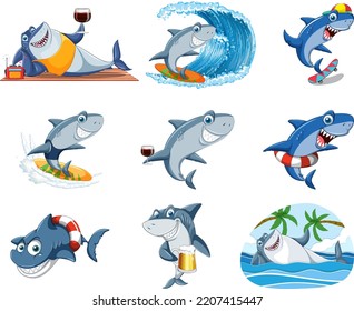 Different sharks in summer beach illustration