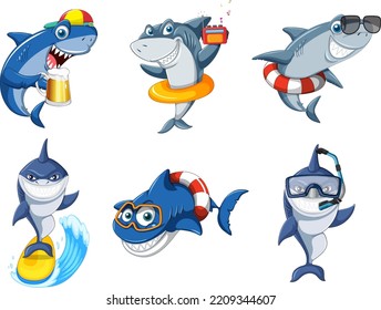 Different sharks in summer beach illustration