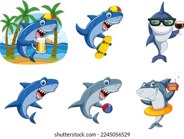 Different sharks in summer beach illustration