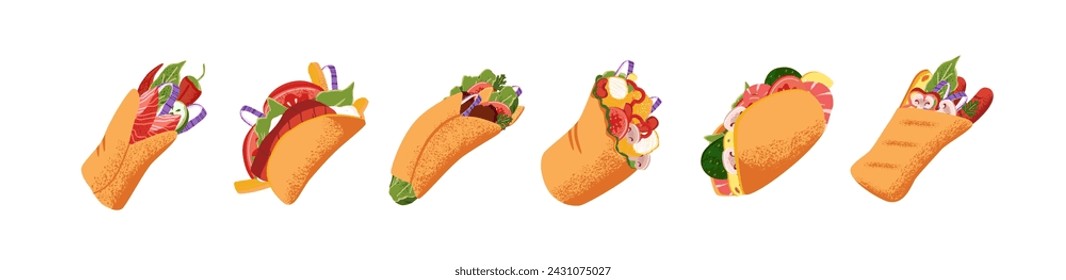 Different shawarma set: falafel, doner kebab, taco, gyros, burrito. Various wrapped tortilla rolls with meat, vegetables. Turkish fast food, fastfood. Flat isolated vector illustration on white