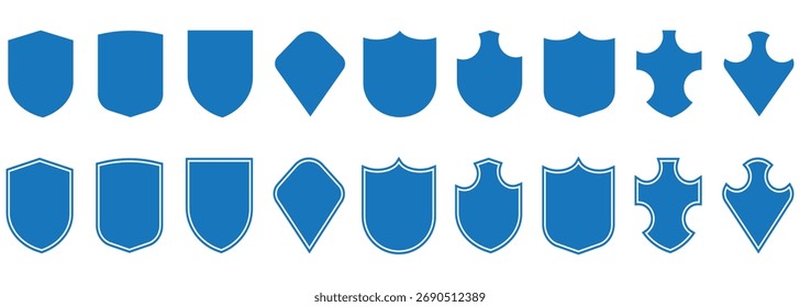  Verschiedene Schilde in Blau für Ihr Design. Sammlung von blauen und blauen Schild Symbole gesetzt.  Schildsymbole auf blauem Hintergrund