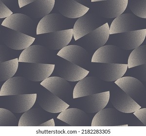 Different Shifted Circles Seamless Pattern Vector Unique Abstract Background. Modern Unusual Textile Design Repetitive Pale Grey Wallpaper. Half Tone Graphic Art Circle Forms Endless Illustration