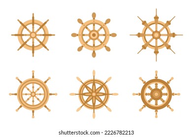Different ship steering wheels vector illustrations set. Collection of cartoon drawings of wooden wheels with spikes isolated on white background. Navigation, traveling, maritime concept