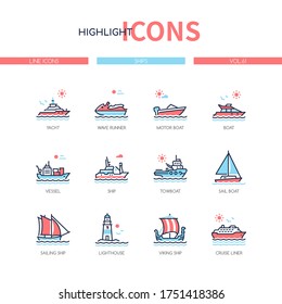 Different ships - line design style icons set. Water transport, vehicles idea. Yacht, wave runner, motor boat, vessel, towboat, sail boat, lighthouse, cruise liner images