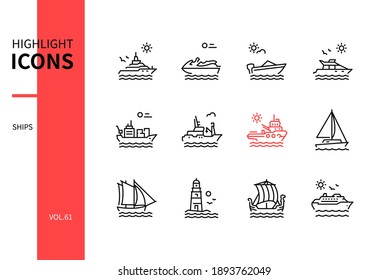 Different ships - line design style icons set. Water transport, vehicles idea. Black and white images of a yacht, wave runner, motor boat, vessel, towboat, sail boat, lighthouse, cruise liner