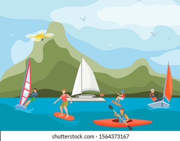 Different ships and vessels for water activity vector illustration. Water sportsmen people and kinds of sports surfing, windsurfing, kayaking, yachting and wakeboarding.