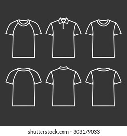 Different shirts and polo in front and back views. White line T-shirt on a dark background. Men's clothing icons in thin line style. Clothes for tennis