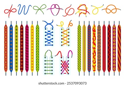 Different shoelaces and lacing. Ornamental shoelace for sneakers boots shoes. Footwear accessories various design, neoteric flat vector clipart