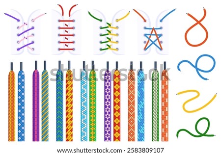 Different shoelaces and lacing. Stylish shoelace geometric design. Sneakers boots laced types. Decorative textile soft ropes, nowaday vector set