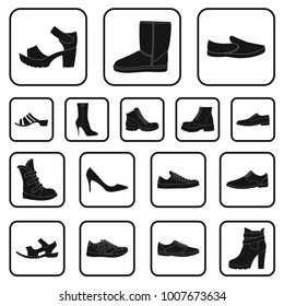 Different shoes black icons in set collection for design. Men's and women's shoes vector symbol stock web illustration.