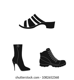 Different shoes black icons in set collection for design. Men and women shoes vector symbol stock web illustration.