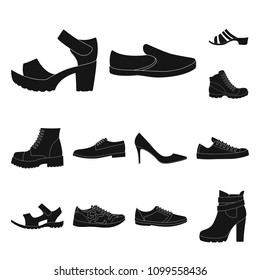 Different shoes black icons in set collection for design. Men and women shoes vector symbol stock web illustration.