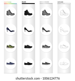 Different shoes cartoon black monochrome outline icons in set collection for design. Men's and women's shoes vector symbol stock web illustration.