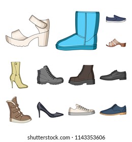 Different shoes cartoon icons in set collection for design. Men and women shoes vector symbol stock web illustration.