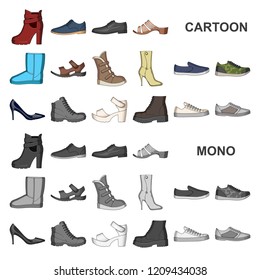 Different shoes cartoon icons in set collection for design. Men and women shoes vector symbol stock web illustration.