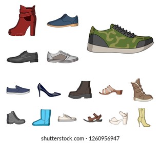 Different shoes cartoon icons in set collection for design. Men's and women's shoes vector symbol stock web illustration.