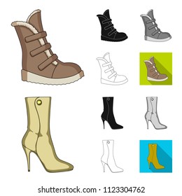 Different shoes cartoon,black,flat,monochrome,outline icons in set collection for design. Men and women shoes vector symbol stock web illustration.