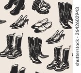Different shoes. Heeled summer shoes, ankle, high cowboy boots, loafer. Casual leather footwear for women, men. Hand drawn modern Vector illustration. Trendy monochrome style. Square seamless Pattern