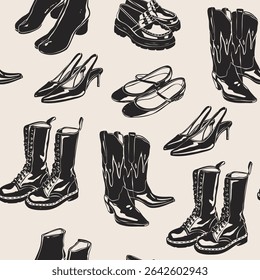 Different shoes. Heeled summer shoes, ankle, high cowboy boots, loafer. Casual leather footwear for women, men. Hand drawn modern Vector illustration. Trendy monochrome style. Square seamless Pattern