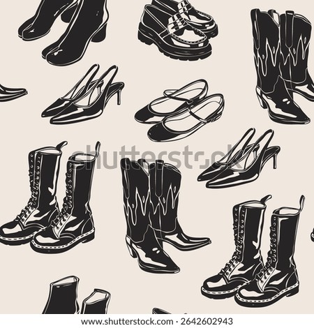 Different shoes. Heeled summer shoes, ankle, high cowboy boots, loafer. Casual leather footwear for women, men. Hand drawn modern Vector illustration. Trendy monochrome style. Square seamless Pattern