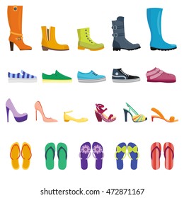 Different shoes isolated collection of various types footwear vector illustration. Different fashion shoe boots models for shop site.