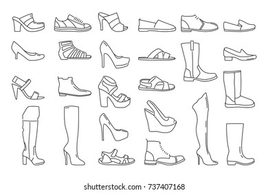 Different shoes for men   women  Vector illustrations in linear style  Footwear fashion man   woman  shoes   sneaker line illustration