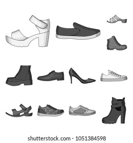 Different shoes monochrome icons in set collection for design. Men and women shoes vector symbol stock web illustration.