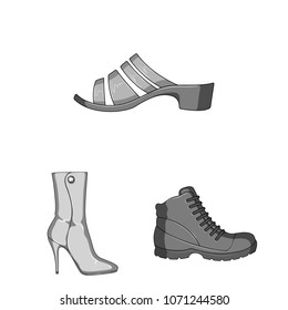 Different shoes monochrome icons in set collection for design. Men and women shoes vector symbol stock web illustration.