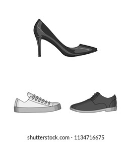 Different shoes monochrome icons in set collection for design. Men and women shoes vector symbol stock web illustration.