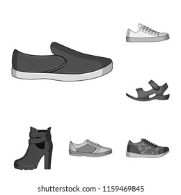 Different shoes monochrome icons in set collection for design. Men and women shoes vector symbol stock web illustration.